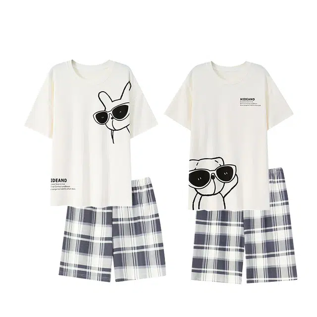 俏韵 简约格子短袖舒适休闲家居服睡衣套装 男女同款