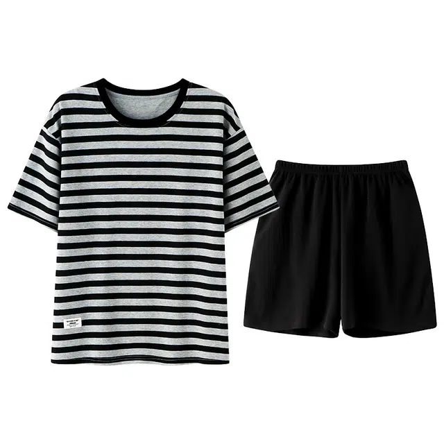欧诗帛 休闲舒适条纹短袖上衣可外穿家居服三分裤睡衣套装 女款 图片色