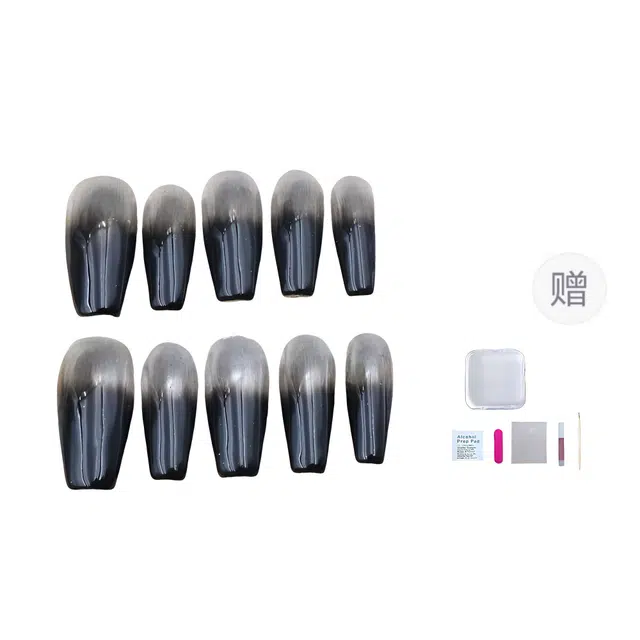 几多萌 纯手工  穿戴甲 梯型长款银色晕染 爆闪 辣妹魔镜黑边法式