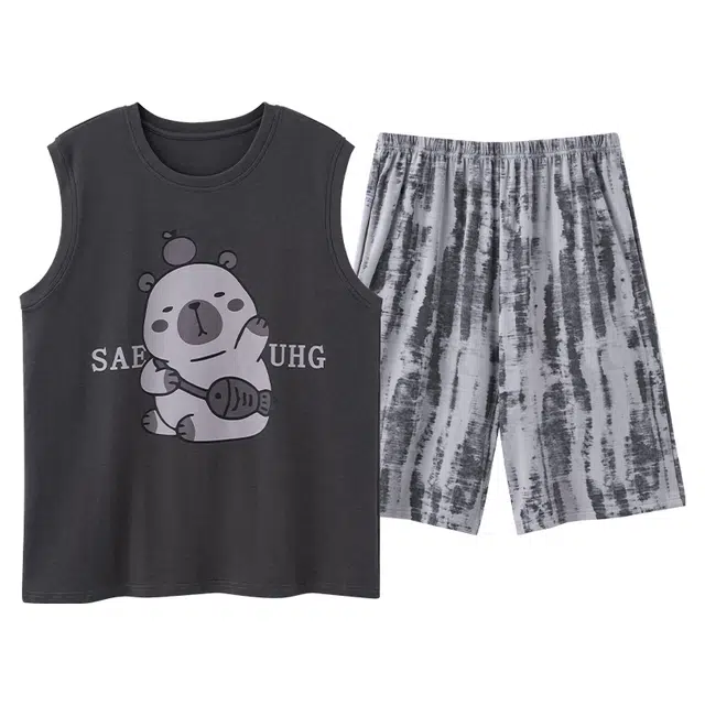 俏霓桐 简约可爱卡通时尚休闲舒适无袖家居服可外穿夏季睡衣套装 男款 图色
