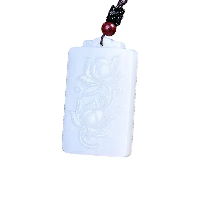 舒杰 国风精雕好运莲莲荷花牌 和田玉项链 白玉 男女同款情侣款