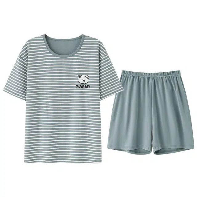 欧诗帛 休闲圆领短袖上衣可外穿家居服三分裤睡衣套装 女款 图片色