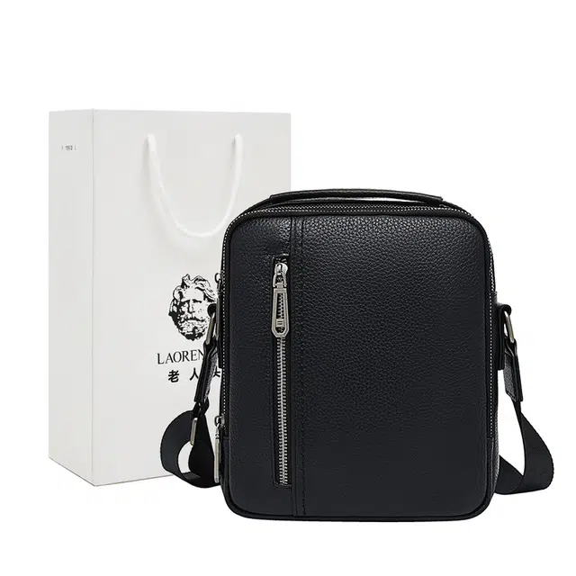 老人头 时尚简约潮流商务通勤小背包 头层牛皮 斜挎包 常规 男款 黑色