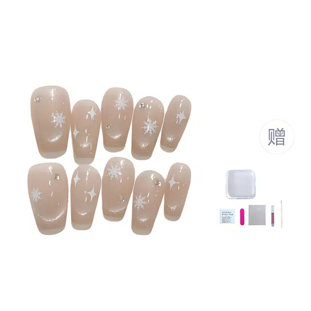 几多萌 手工穿戴甲片手作纯欲气质 雪花猫眼法式四芒星可拆卸  短梯白色裸色 细闪