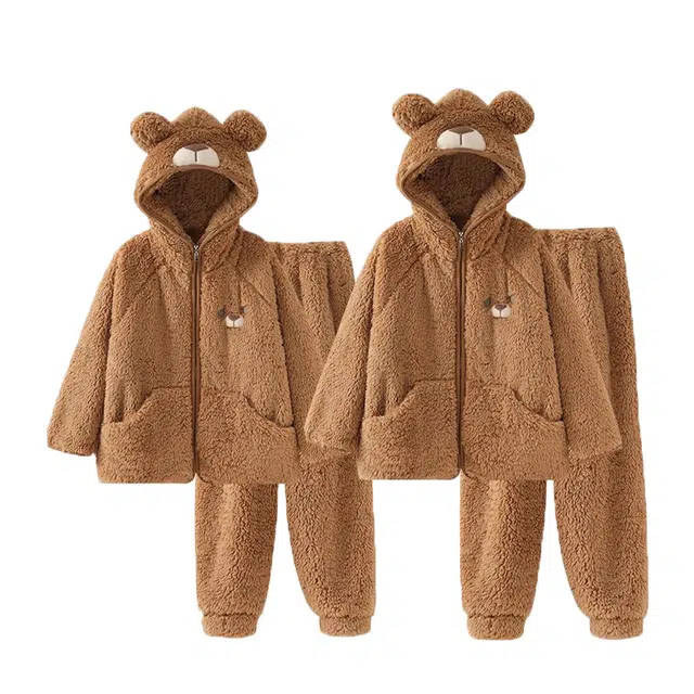 俏韵 加厚连帽小熊长袖长裤家居服睡衣套装 男女同款