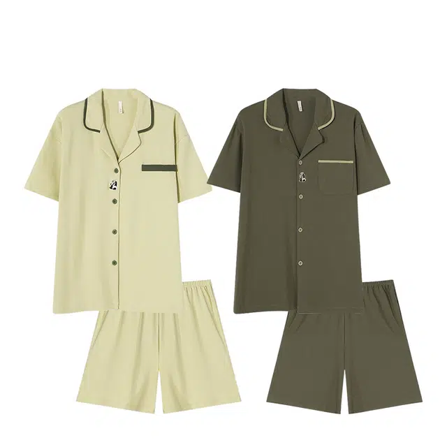 俏韵 休闲柔软翻领开衫短袖家居服可外穿睡衣套装 男女同款