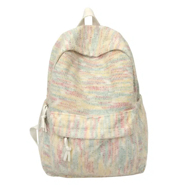 單倉 日系高颜值毛绒针织韩版通勤百搭多巴胺大容量初高中学生书包小众设计 尼龙 背包双肩包 女款 黄色/绿色/白横条/红横条