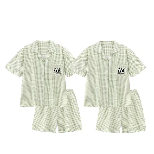 俏韵 格子熊猫短袖休闲透气家居服可外穿睡衣套装 男女同款