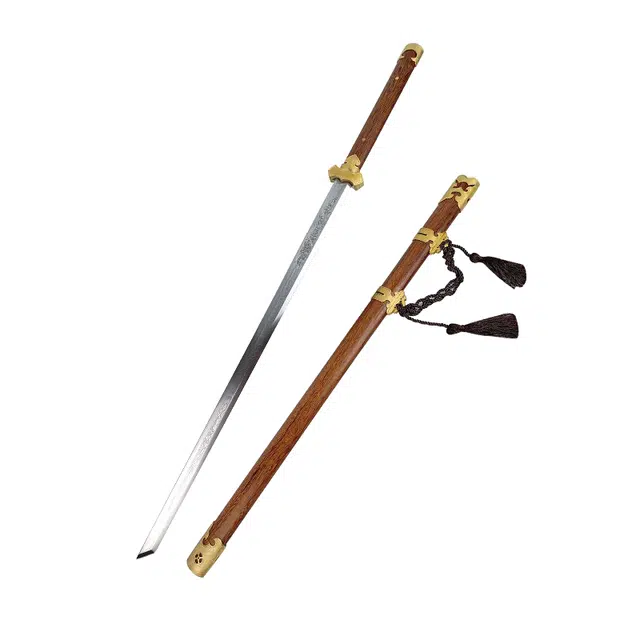 天字号 素影唐刀 鸡翅木鞘黄铜装百炼花纹钢刀身未开刃摆件收藏 成品模型