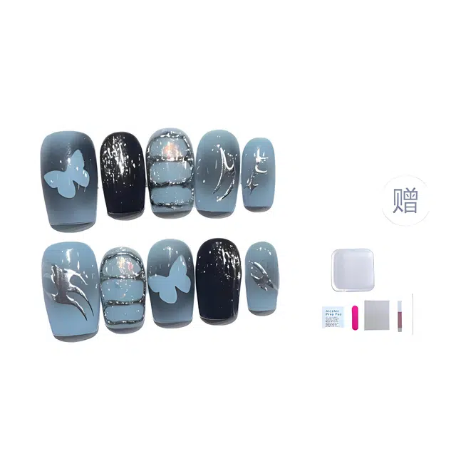 几多萌 日常短款穿戴甲手工个性腮红蝴蝶手绘魔镜美甲可拆卸  方型蓝色晕染 细闪