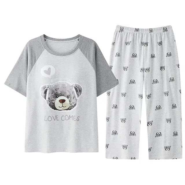 俏霓桐 休闲简约可爱卡通舒适带胸垫短袖七分裤夏季睡衣套装 女款 图色