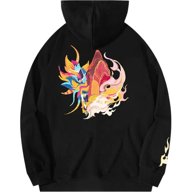 大白鲨 刺绣宽松潮流时尚连帽卫衣 男款 黑色