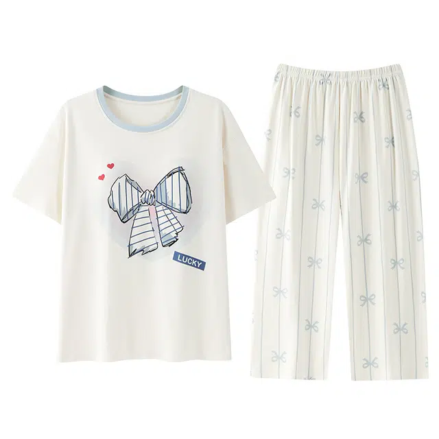 俏霓桐 甜美简约可爱蝴蝶结舒适带胸垫短袖七分裤夏季睡衣套装 女款 图色