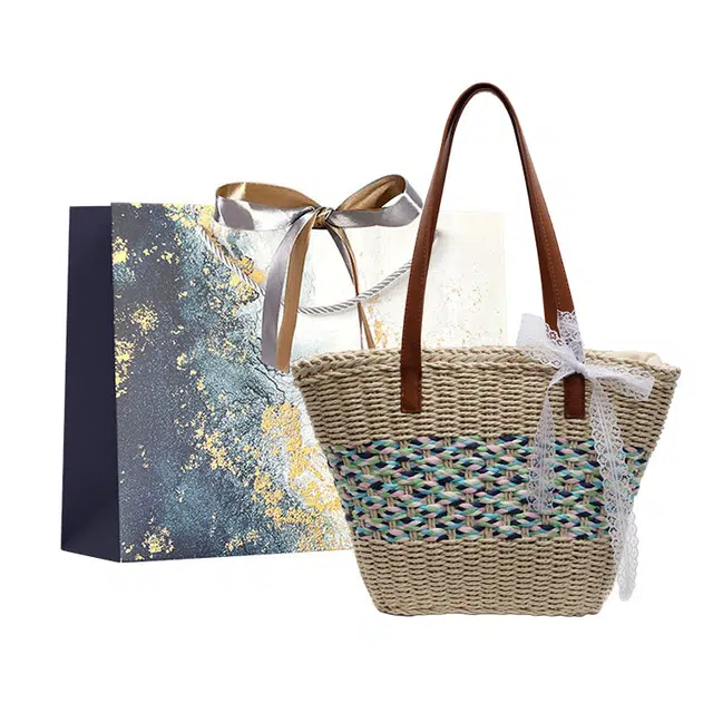 伊曼家 编织托特包春夏休闲大容量腋下包度假编织 草编 单肩包 女款 米白色/卡其色