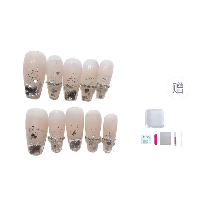 几多萌 手工穿戴甲美甲贴片假指甲贴片成品显白爆闪  梯型长款透色裸色 纯欲