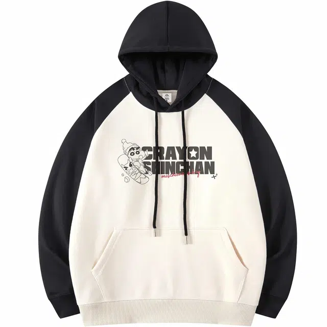 蜡笔小新 趣味滑板小新字母印花休闲宽松套头连帽卫衣 男女同款