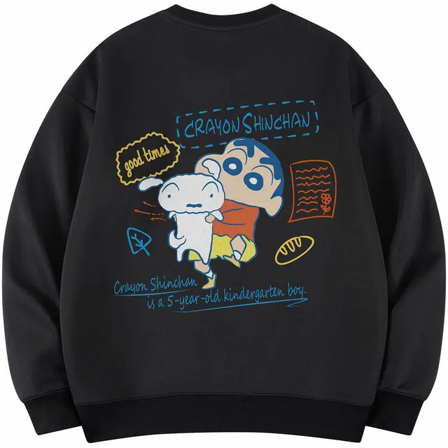 蜡笔小新 卡通趣味人物签名字母印花休闲宽松套头圆领卫衣 男女同款
