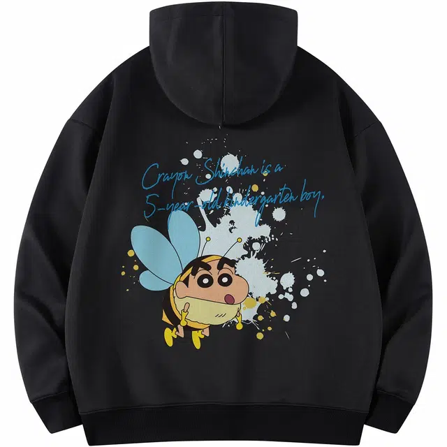 蜡笔小新 卡通蜜蜂小新泼墨字母印花休闲宽松套头连帽卫衣 男女同款