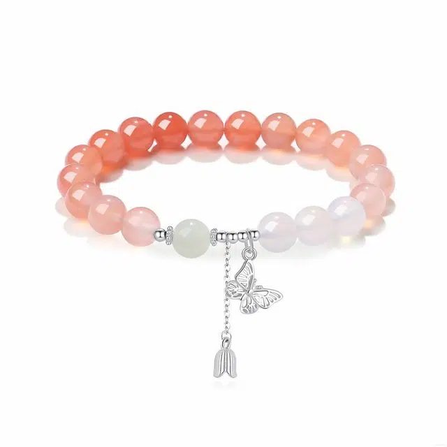 银千惠 在逃公主铃兰蝶舞花丝蝴蝶纯银串珠链新中式小众设计渐变玉色转运珠平安招财招财玛瑙女友百搭通勤高级感礼盒 玛瑙 玉石手串 女款