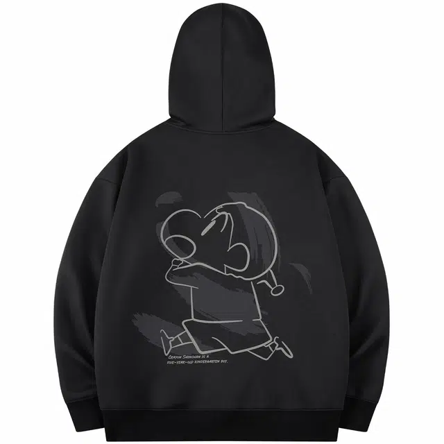 蜡笔小新 卡通线稿奔跑小新字母印花休闲宽松套头连帽卫衣 男女同款