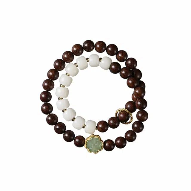 岁月静好 国潮民族风幸运四叶草白玉菩提老型珠素雅双圈 金丝檀木 手串 女款 其他木作