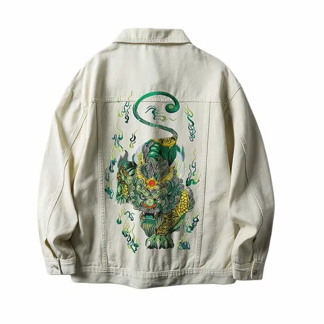 大白鲨 品牌轻奢荧光中国风绿貔貅刺绣翻领夹克新中式国潮休闲服男牛仔外套 男款 白色