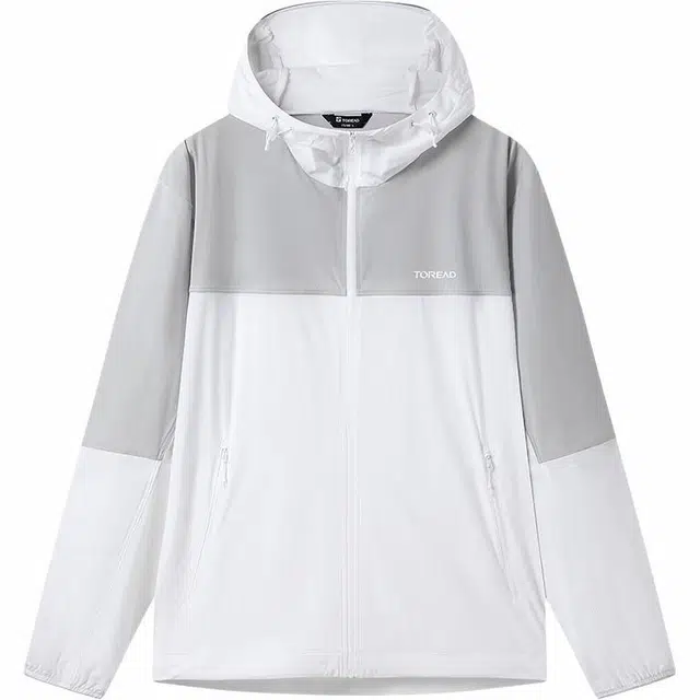 探路者 运动休闲简约拼纯色连帽 透气防紫外线防晒服 男款 白色\山影灰