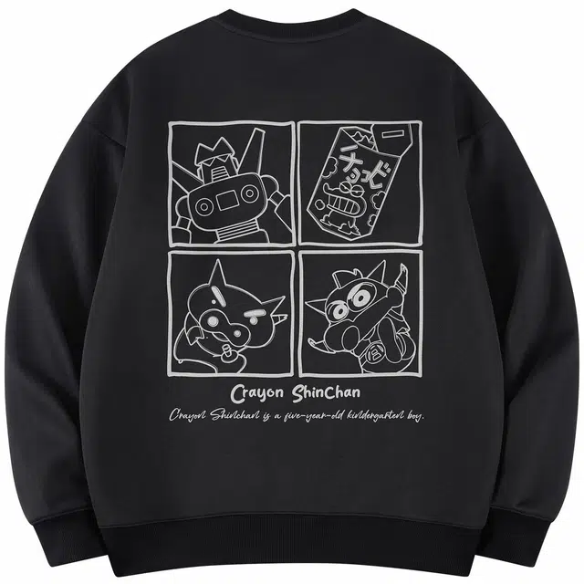 蜡笔小新 卡通四宫格人物字母印花休闲宽松套头圆领卫衣 男女同款