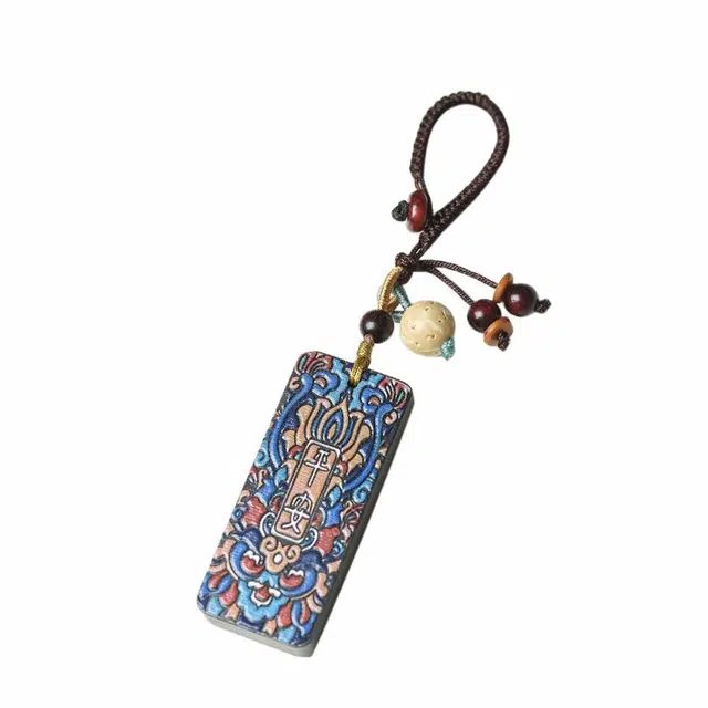 灵晔 新中式国潮天然彩绘平安牌 出入平安 万事顺遂转运挂件 紫光檀 钥匙扣 男女同款情侣款