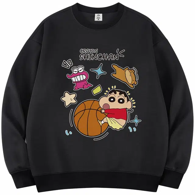 蜡笔小新 趣味卡通篮球小新字母印花休闲宽松套头圆领卫衣 男女同款