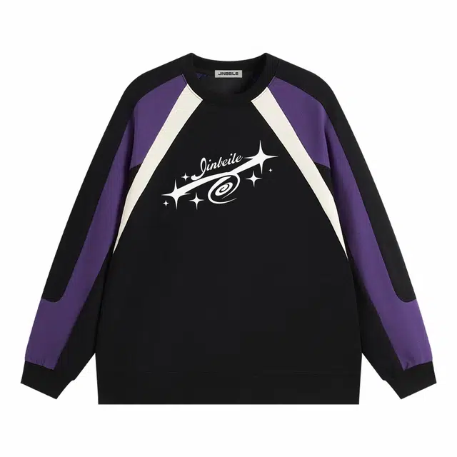 金贝勒 美式拼接撞色插肩通勤字母印花宽松运动风百搭长袖圆领卫衣 男女同款