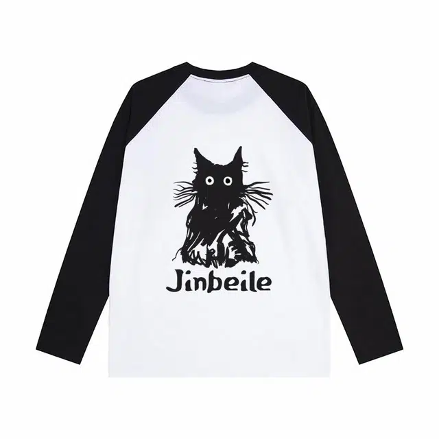 金贝勒 简约美式邋遢猫图案字母印花圆领宽松插肩重磅长袖卫衣 男女同款