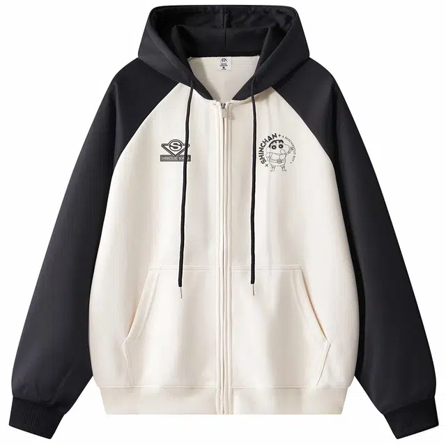 蜡笔小新 撞色插肩卡通动感超人字母印花休闲宽松拉链开衫连帽卫衣 男女同款