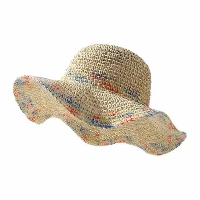 浪莎 夏季彩色编织草帽户外出行海边度假遮阳透气镂空大帽檐显脸小 草编 防晒帽 女款