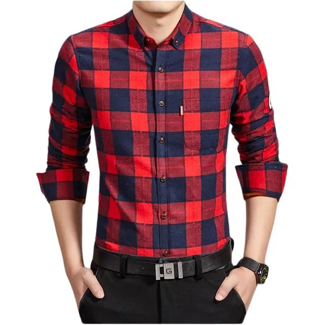 恒源祥 保暖加绒加厚韩版长袖衬衫 男款 红色格子