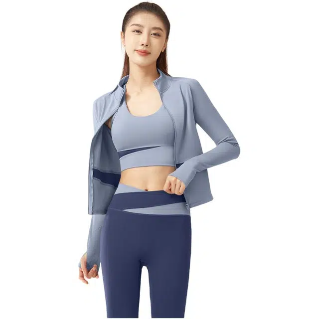 欧迪芬  蜜桃拼色三件套裸感无缝健身服免穿胸垫速干跑步健身  瑜伽套装  女款