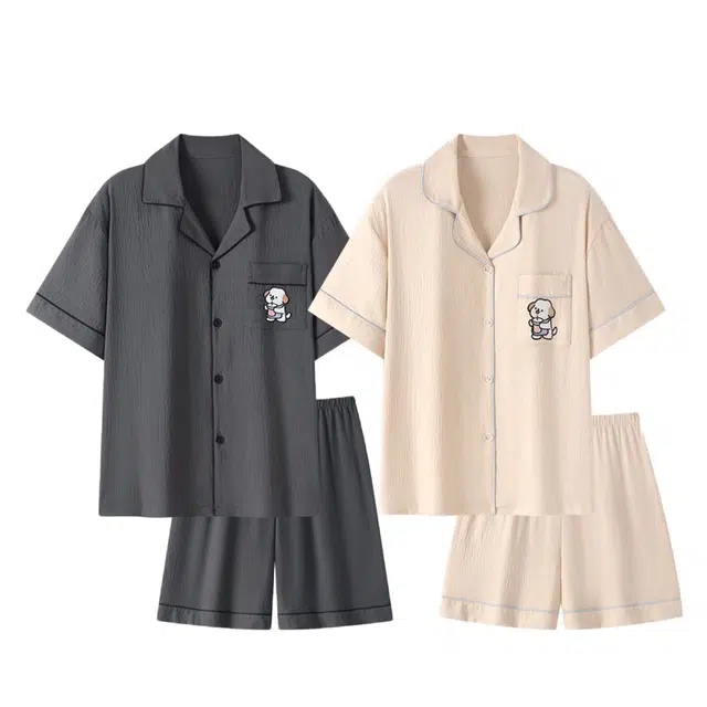 俏韵 翻领短袖亲肤薄款大码可外穿家居服睡衣套装 男女同款