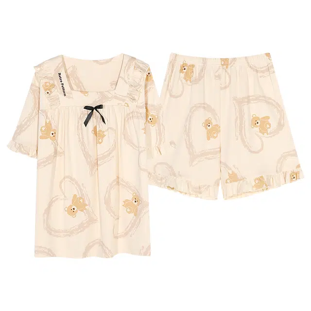 乐姿韵 卡通小熊提花柔软上衣微弹透气裤子睡衣套装 男女同款