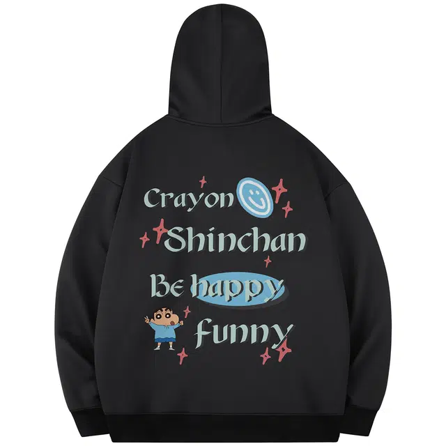 蜡笔小新 卡通小新彩色弹幕字母印花休闲宽松套头连帽卫衣 男女同款