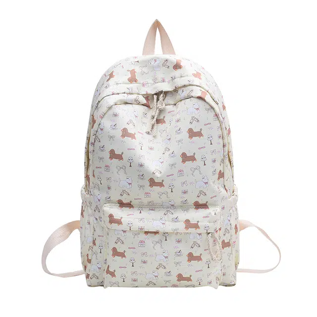 揽月 清新简约印花可爱时尚百搭 尼龙 双肩包 女款 米黄色