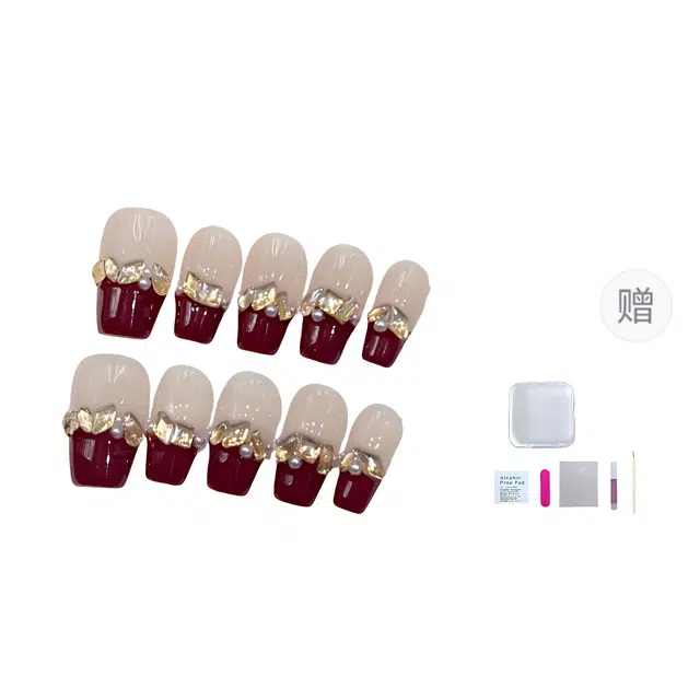 几多萌 爆闪香槟钻  穿戴甲 短梯红色纯色 法式