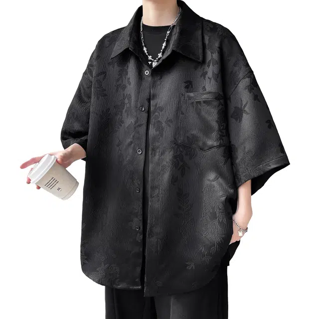 玉儿恋 加绒加厚保暖打底内搭美式复古高级感提花宽松大码休闲上衣服衬衣外套百搭垂感长袖衬衫 男女同款