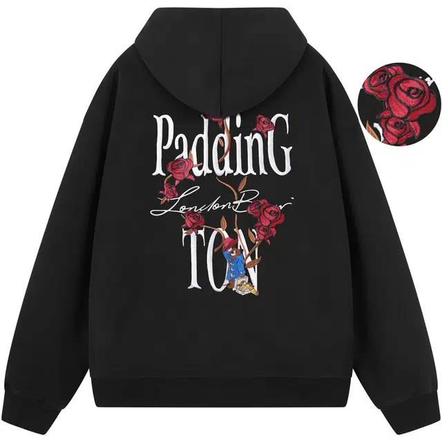 帕丁顿熊 绅士小熊玫瑰万针高端刺绣美式复古高街休闲百搭宽松拉链开衫连帽卫衣外套 男女同款