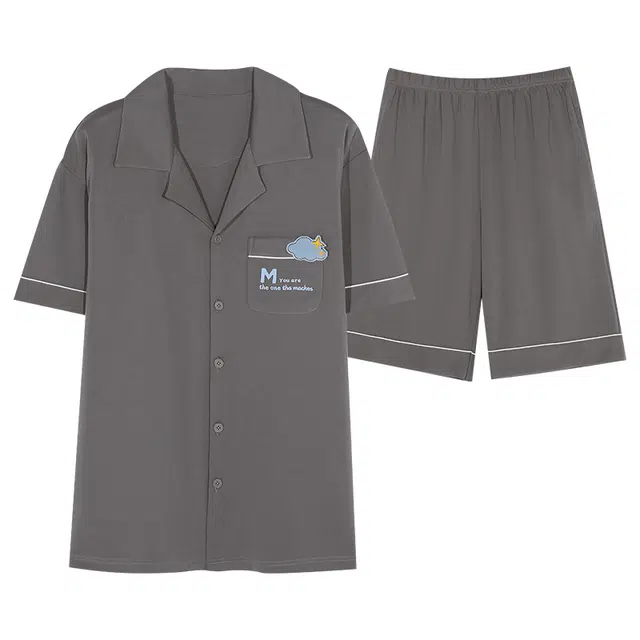 乐姿韵 简约时尚卡通翻领亲肤短袖五分裤睡衣套装 男款 灰色