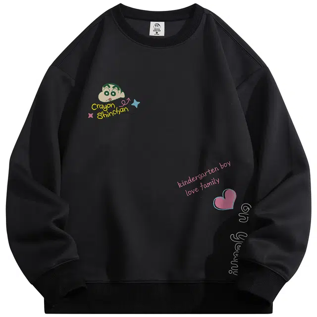 蜡笔小新 卡通趣味爱心字母印花休闲宽松套头圆领卫衣 男女同款