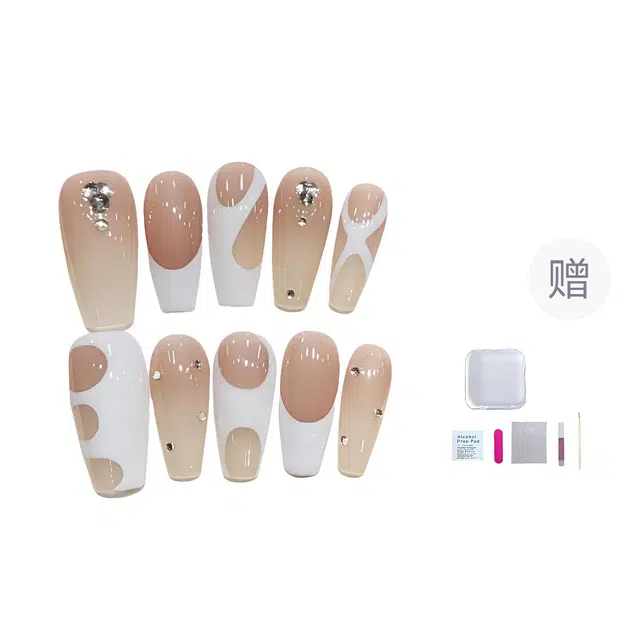 几多萌 手绘法式渐变  穿戴甲 梯型白色裸色 细闪 可拆卸