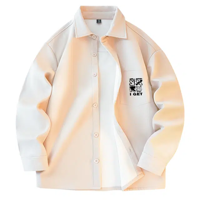 棉致 涂鸦小熊简约纯色加绒加厚长袖衬衫 男女同款