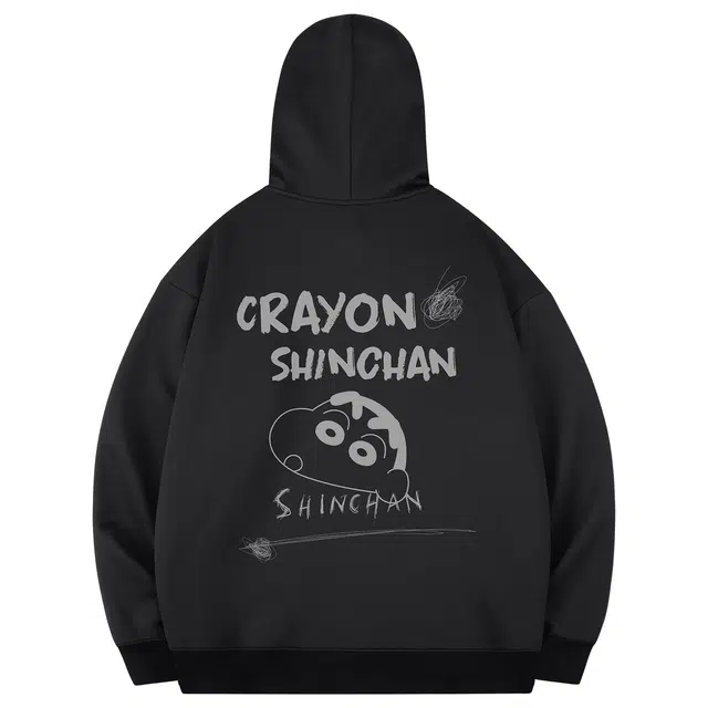蜡笔小新 卡通铅笔画小新字母印花休闲宽松套头连帽卫衣 男女同款