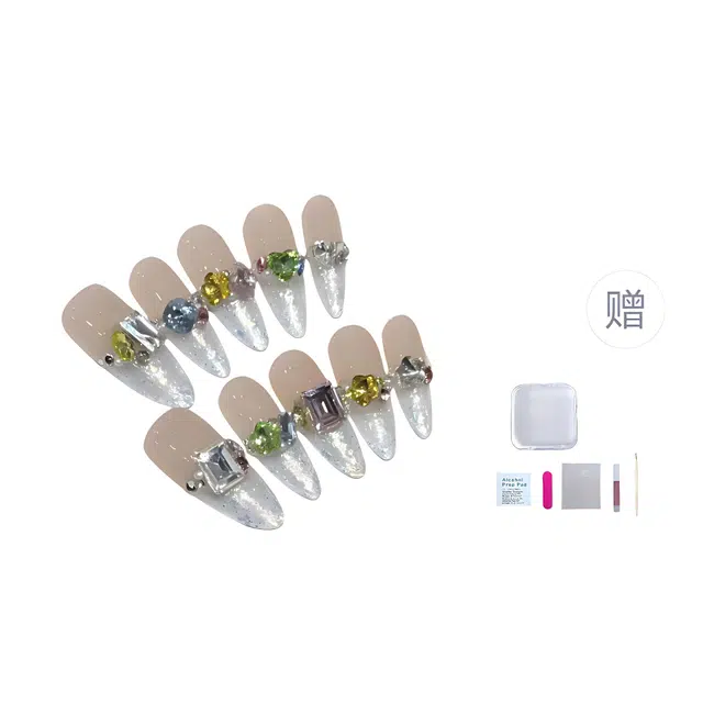几多萌 【彩钻糖果】 美甲穿戴甲高级感手工亮片法式彩钻可拆卸甲片  杏仁透色裸色 纯欲