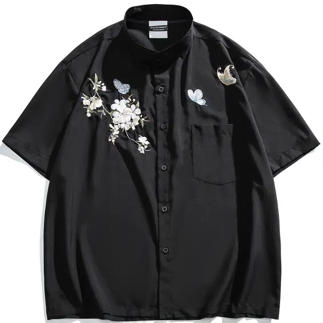 范比欧 新中式蝴蝶花纹理宽松尖领短袖衬衫 男女同款